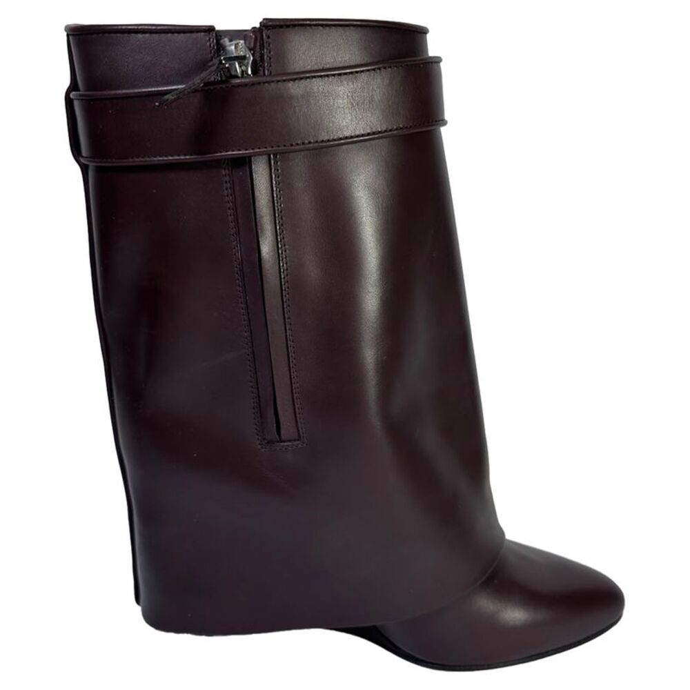 Givenchy Shark Lock Wedge Mid-Calf Boots in Burgundy Leather